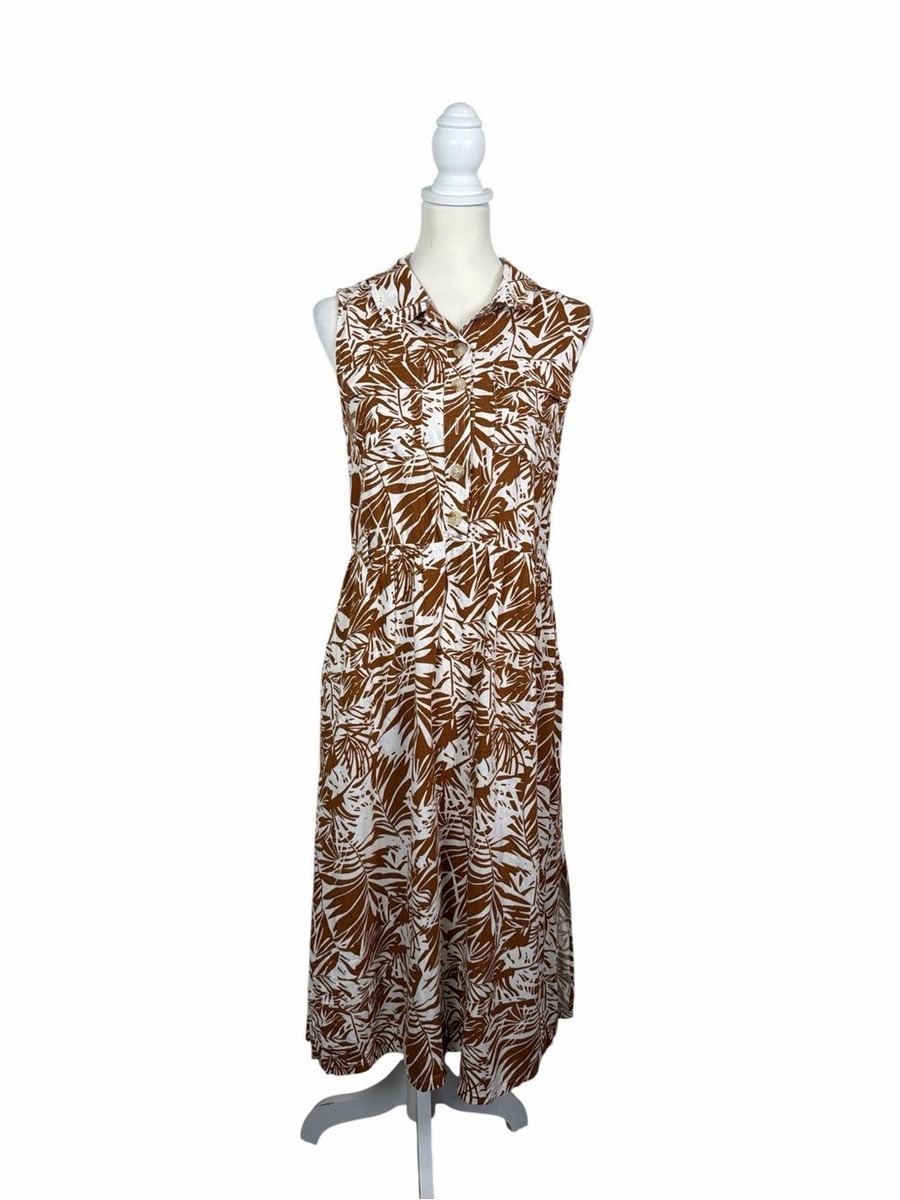 Melloday Tropical Leaf Print Linen Blend Midi Dress Brown Sleeveles Button Front